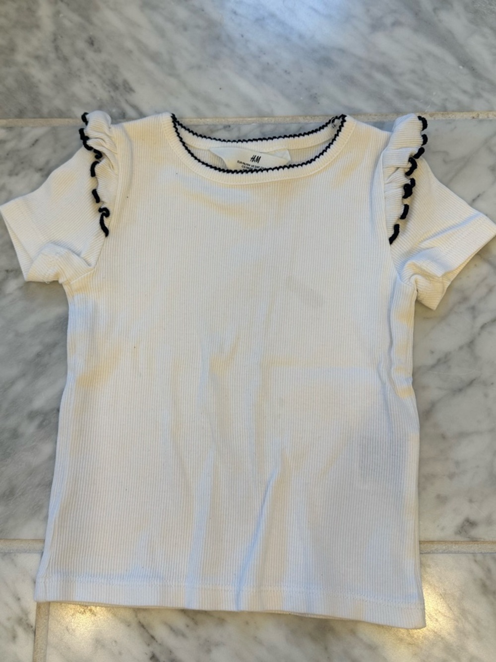 H&M White Ribbed Tee with Black Ruffle Trim